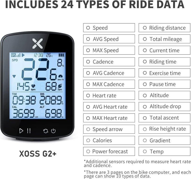 Xoss G+ Gen2 GPS Bike Computer with Mount, 2.2" Bluetooth Wireless Cycling Speedometer, Type-C Multifunctional ANT+ Bicycle Odometer with Auto Backlight and IPX7 Waterproof Bike Tracker (4 in 1) - Image 2